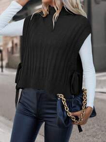 EMERY ROSE 1pc Turtleneck Knot Side Sweater Vest - Black - View 1
