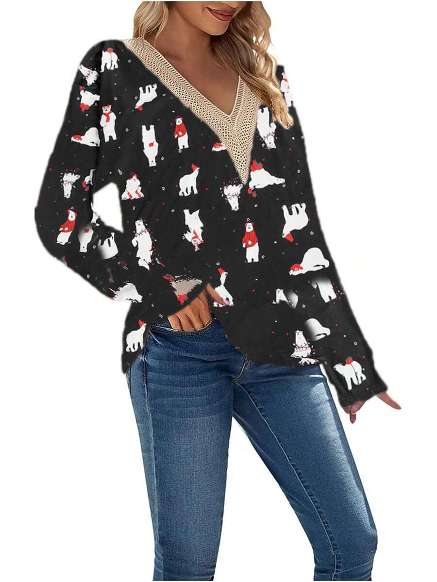 Christmas Print Contrast Lace Tee - Black - View 1