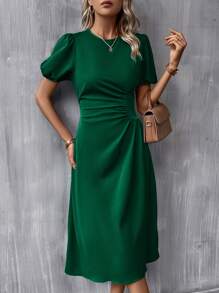 SHEIN Clasi Váy xếp nếp tay phồng phía trước - Màu xanh lá cây đậm - Xem 5