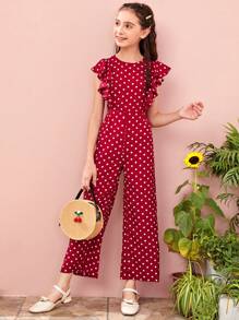 SHEIN Tween Girl Ruffle Armhole Wide Leg Polka Dot Jumpsuit