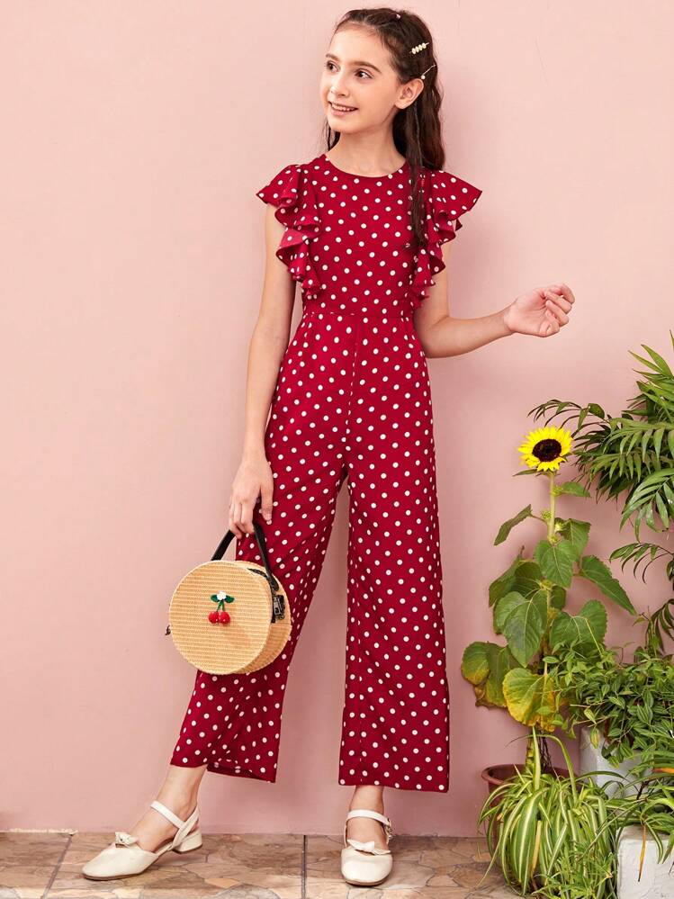 SHEIN Tween Girl Ruffle Armhole Wide Leg Polka Dot Jumpsuit - Burgundy - View 3