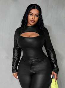 Slaydiva Camiseta apretada de mujer de talla grande con recorte en el pecho y color liso elegante, de talla grande