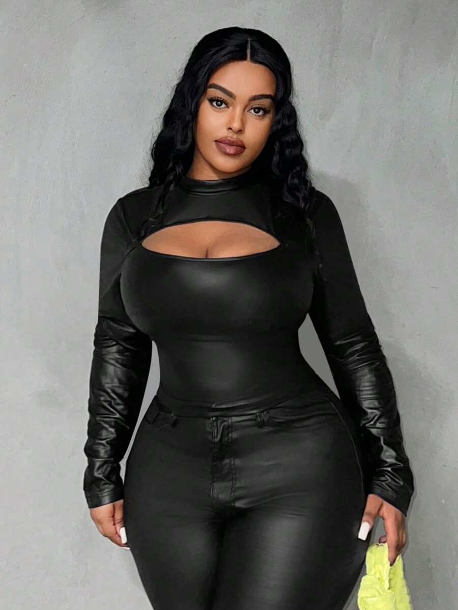 Slaydiva Camiseta apretada de mujer de talla grande con recorte en el pecho y color liso elegante, de talla grande