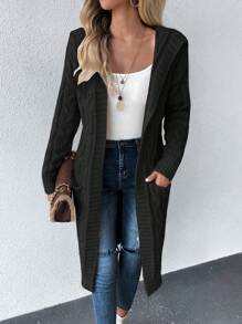 SHEIN Essnce 雙口袋落肩袖連帽開襟開衫 - 黑色 - 查看 1