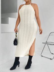 Calvaya Plus Solid Ribbed Knit Sweater Dress - Apricot - View 3