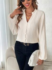 Chiquease Notched Neckline Lantern Sleeve Button Front Blouse - Apricot - View 3