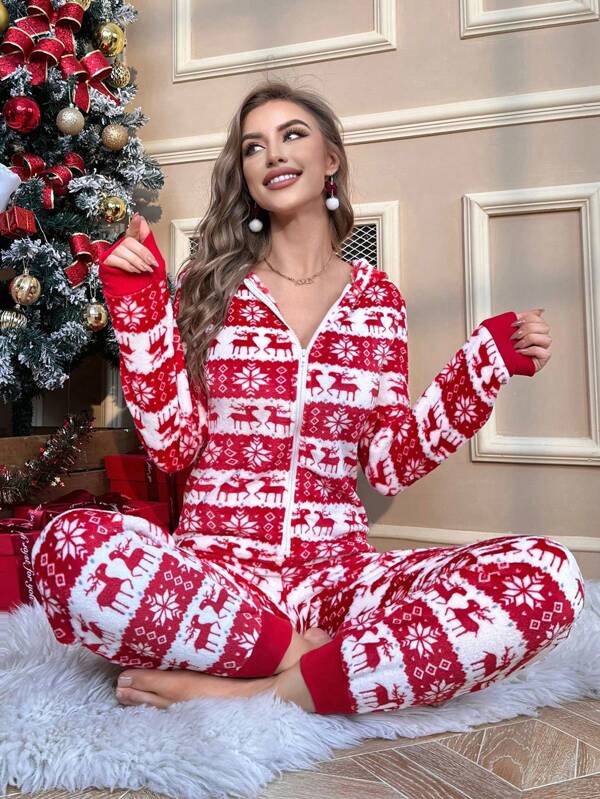 Weihnachts-Muster Reißverschluss Kapuzen-Schlaf-Jumpsuit, flauschig