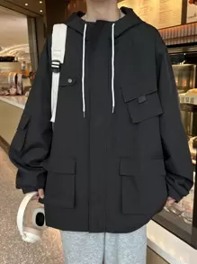 Manfinity Hypemode Loose Men's Hooded Jacket With Flap Pockets, Drop Shoulder And Drawstring Detail - Black - View 1