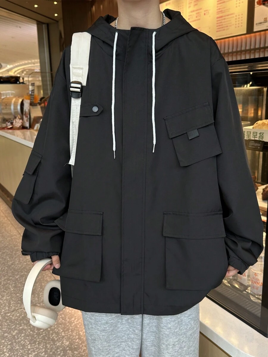 Manfinity Hypemode Loose Men's Hooded Jacket With Flap Pockets, Drop Shoulder And Drawstring Detail - Black - View 1