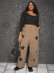 SHEIN CURVE+ 大碼星星印花闊腿褲 - 彩色 - 查看 3