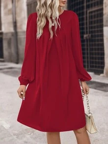 SHEIN LUNE 純色正面褶襉燈籠袖束腰洋裝 - 酒紅色 - 查看 4