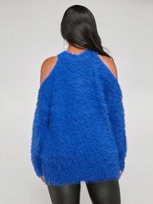 SHEIN SXY 挖肩絨毛針織套頭毛衣 - 寶藍色 - 查看 2