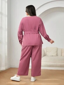 Mulvari Plus Letter Graphic Drop Shoulder Belted Top & Wide Leg Pants - Coral Pink - View 3