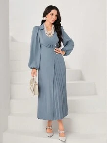 Modelyn Pearl Detail Lantern Sleeve Pleated Hem Dress - Grey - View 3