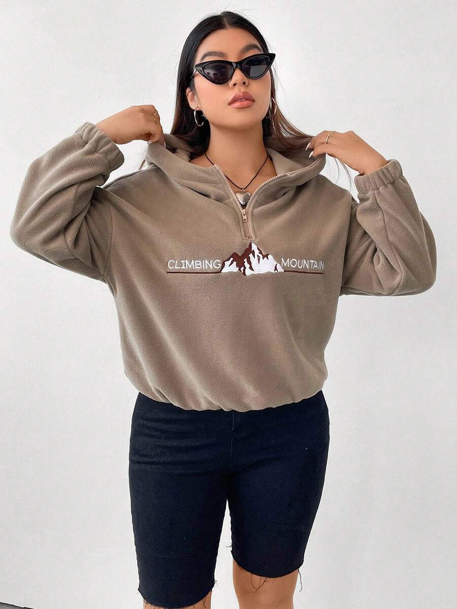 Flirla Plus Letter Graphic Drop Shoulder Hooded Fleece Sweatshirt - Apricot - View 1