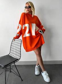 EURMUSE Letter Pattern Drop Shoulder Sweater - Orange - View 4