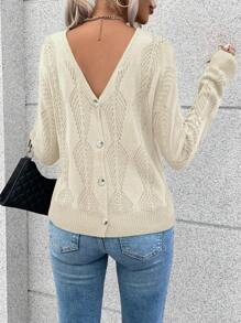 SHEIN Unity Áo len chui đầu cổ chữ V trơn, cài cúc sau, chất liệu dệt kim, thích hợp cho mùa thu đông. - Màu be - Xem 4