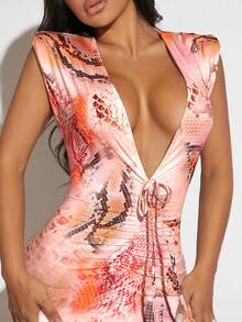 SHEIN SXY Snakeskin Print Ruched Knot Front Bodycon Dress - Multicolor - View 6