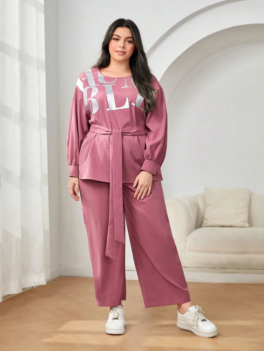 Mulvari Plus Letter Graphic Drop Shoulder Belted Top & Wide Leg Pants - Coral Pink - View 1