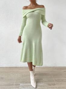 Chiquease Off Shoulder Twist Front Sweater Dress - Green - View 4