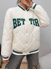 SHEIN EZwear Thêu Chữ Sọc trang trí Thả vai Áo khoác Quilted - Màu be - Xem 4
