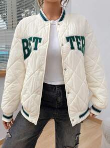 SHEIN EZwear Thêu Chữ Sọc trang trí Thả vai Áo khoác Quilted - Màu be - Xem 1