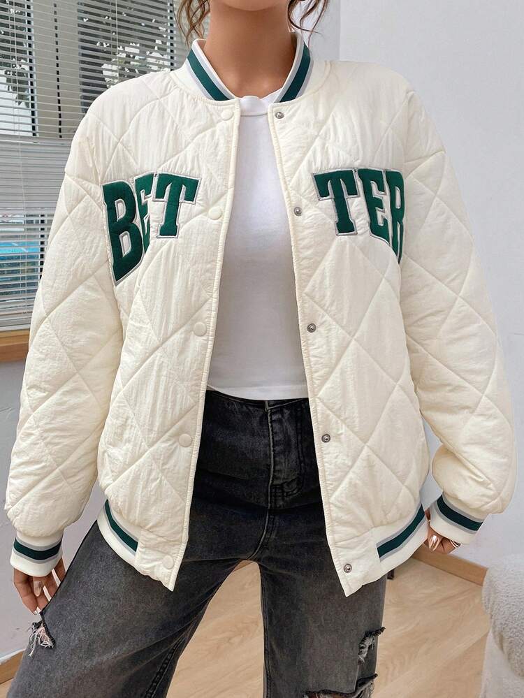 Letter Embroidery Striped Trim Drop Shoulder Quilted Coat