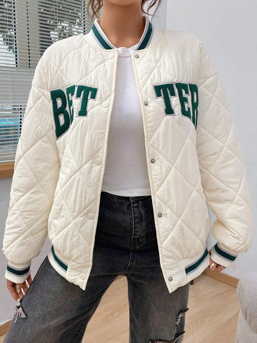 SHEIN EZwear Thêu Chữ Sọc trang trí Thả vai Áo khoác Quilted - Màu be - Xem 1