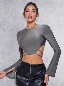 SHEIN BAE 後綁帶開衩袖短款T恤 - 鏽棕色 - 查看 2