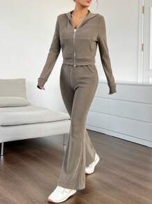 SHEIN EZwear Zip Up Hooded Jacket & Flare Leg Pants