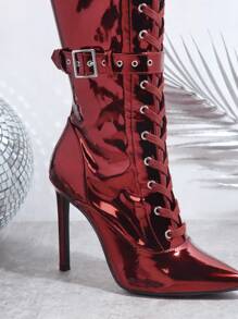 SHUZIA Metallic Snakeskin Print Lace Up Design Side Zipper Boots - Burgundy - View 5