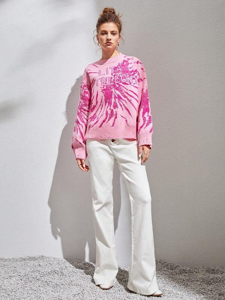 Letter Pattern Drop Shoulder Knit Pullover Fall Winter Sweater