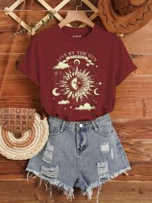SHEIN LUNE Sun & Moon Print Tee LIVE BY THE SUN SUN AND MOON - Red - View 1