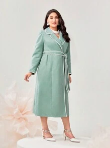 Modelyn Plus Contrast Binding Belted Overcoat - Mint Green - View 4