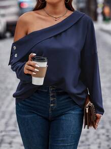Celure 加纽扣细节不对称领口落肩衬衫女式单肩上衣衬衫 - 藏蓝色 - 查看 3