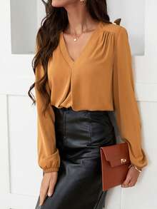 SHEIN Clasi Solid V Neck Lantern Sleeve Blouse - Khaki - View 3