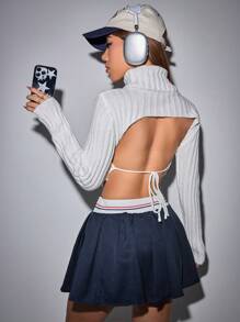 SHEIN Unity 高領後背繫帶短款毛衣 - 白色 - 查看 3