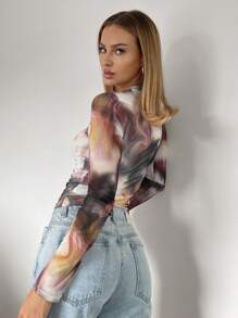 SHEIN Essnce 紮染短款T恤 - 棕色 - 查看 2