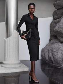 Maija Ruched Front Split Thigh Bodycon Dress - Black - View 7