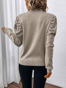 SHEIN Clasi Rhinestone Detail Puff Sleeve Mock Neck Sweater Knit Pullover Fall Winter Outfit - Apricot - View 2