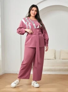 Mulvari Plus Letter Graphic Drop Shoulder Belted Top & Wide Leg Pants - Coral Pink - View 5