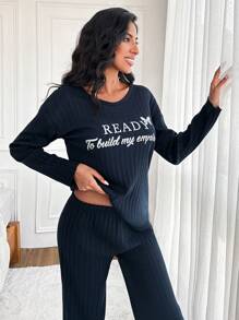 EURMUSE Slogan Graphic Ribbed Knit Lounge Set - Black - View 5