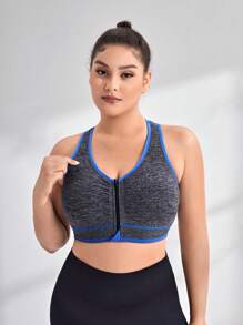 Yoga Basic Bras thể thao Plus Size Dây kéo Tương phản ràng buộc màu trơn - Màu xám đen - Xem 4