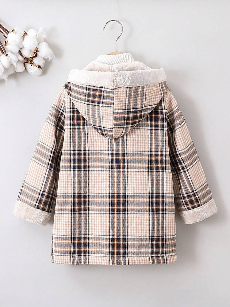 Young Boy Plaid Print Hooded Thermal Lined Button Front Coat Without Sweater