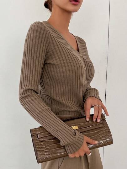 DAZY Ribbed Knit Button Front Cardigan,Long Sleeve Tops