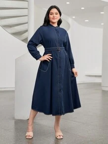 Mulvari 大碼前紐扣腰帶襯衫洋裝 - 藏蓝色 - 查看 4