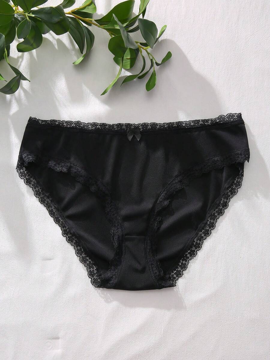 SHEIN Talla grande Bragas ribete con encaje con lazo delantero - Negro - Ver 1