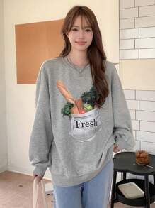 DAZY Pullover mit Buchstaben- und Gemüseprint, Oversized Passform, Herbstkleidung Sweatshirt