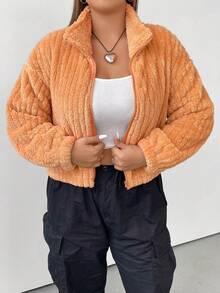 Flirla Plus Zip Up Drop Shoulder Crop Teddy Jacket - Orange - View 6