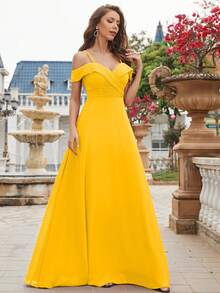 UNITHORSE 露肩褶皱紧身雪纺伴娘礼服优雅连衣裙 - 黃色 - 查看 7